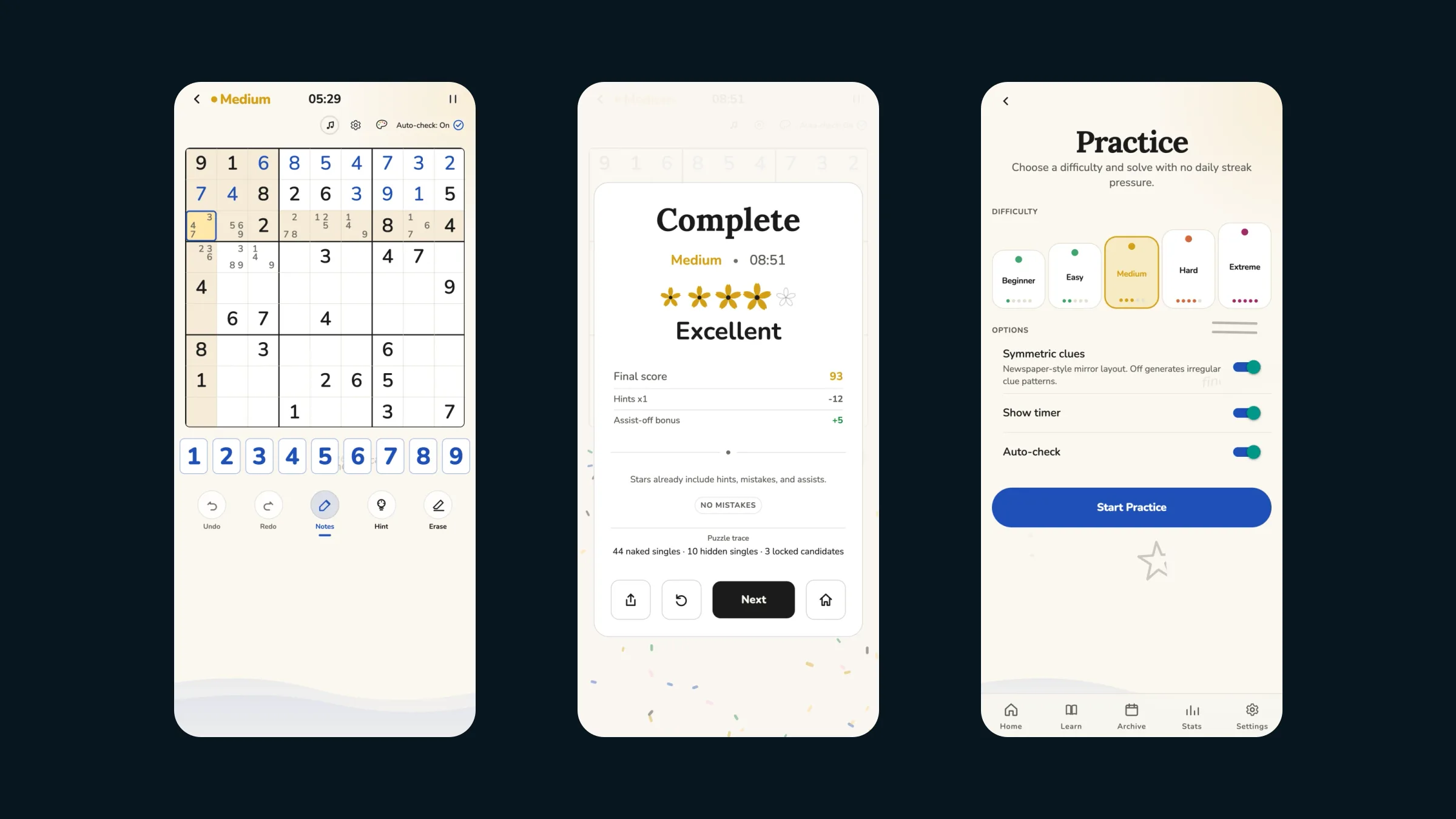 Three Sudoku Haven phone screens: a board mid-solve with pencil-mark notes, the Complete screen with four stars and an Excellent rating, and the Practice difficulty picker.