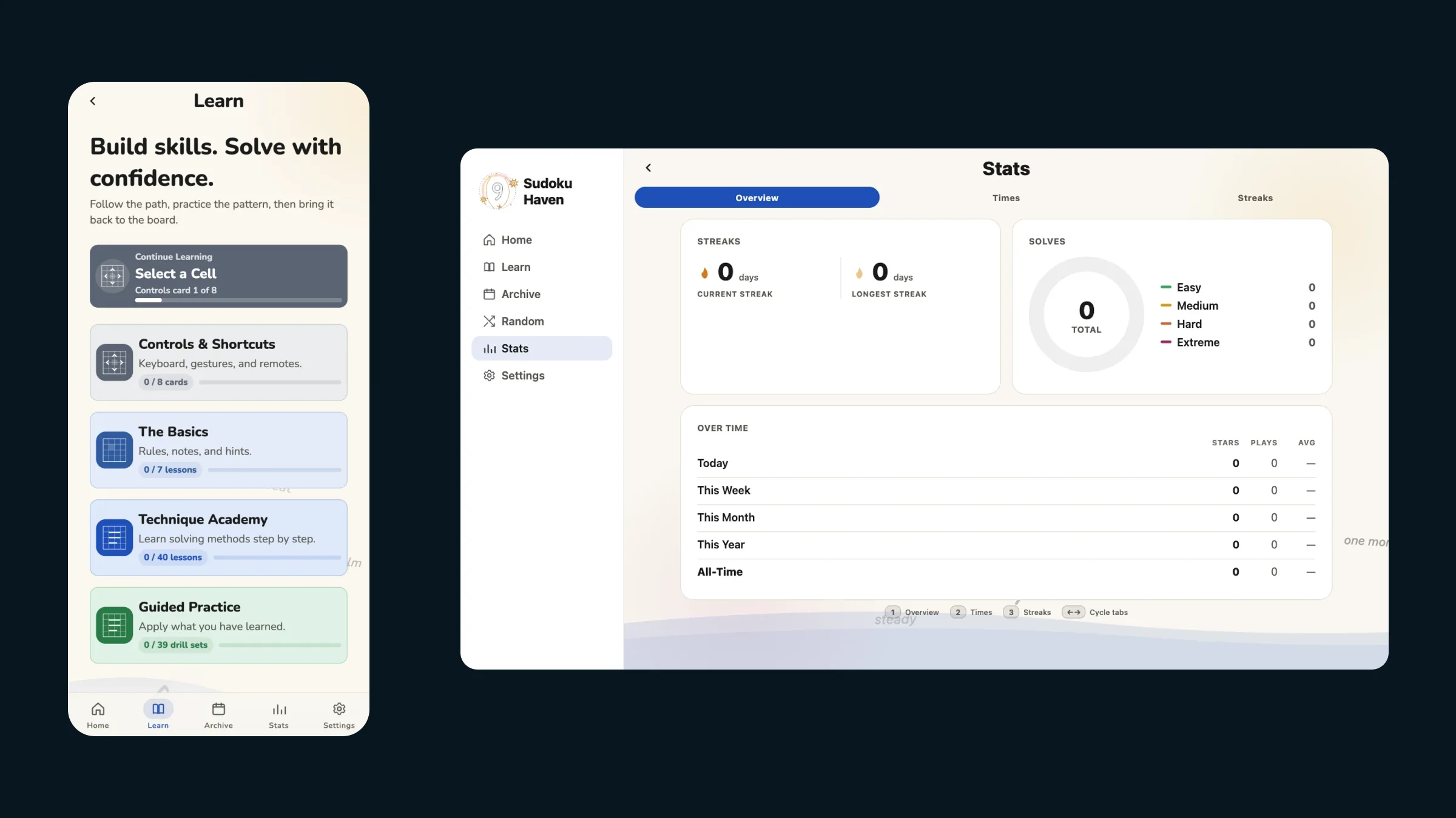 The Sudoku Haven Learn tab on a phone next to the stats screen in the desktop app, both showing a brand-new player's view.